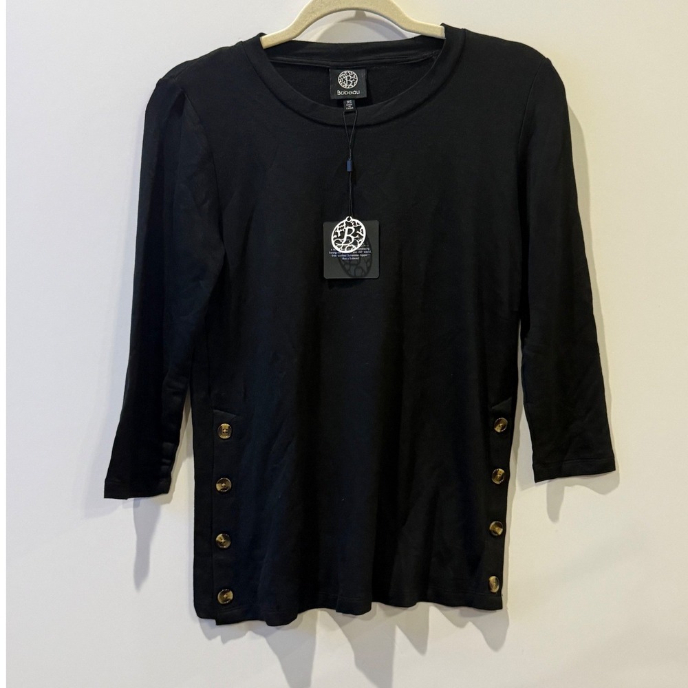 Bobeau Knit Side Button Top Womens XS Black NEW 3/4 Sleeve Crew Neck